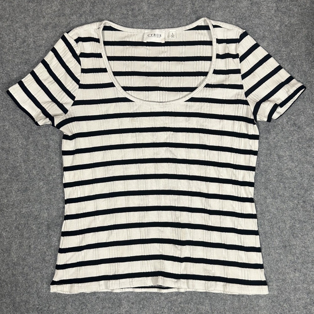 Cyrus Essentials Ribbed Scoop Neck Tee Large Black White Striped Knit